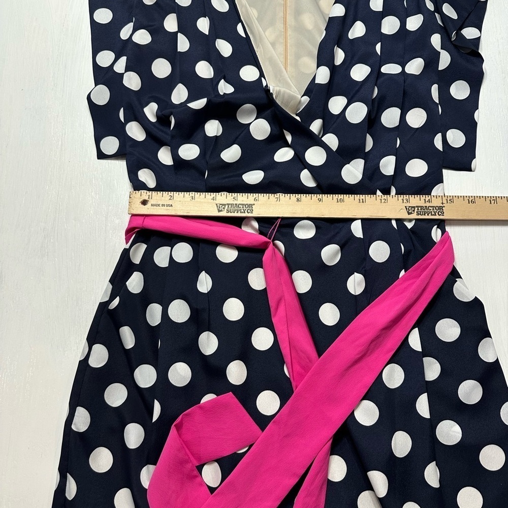 Eliza J Polka Dot Dress Size 8 Navy White Pink Belt Retro Wrap Style - Picture 2 of 9